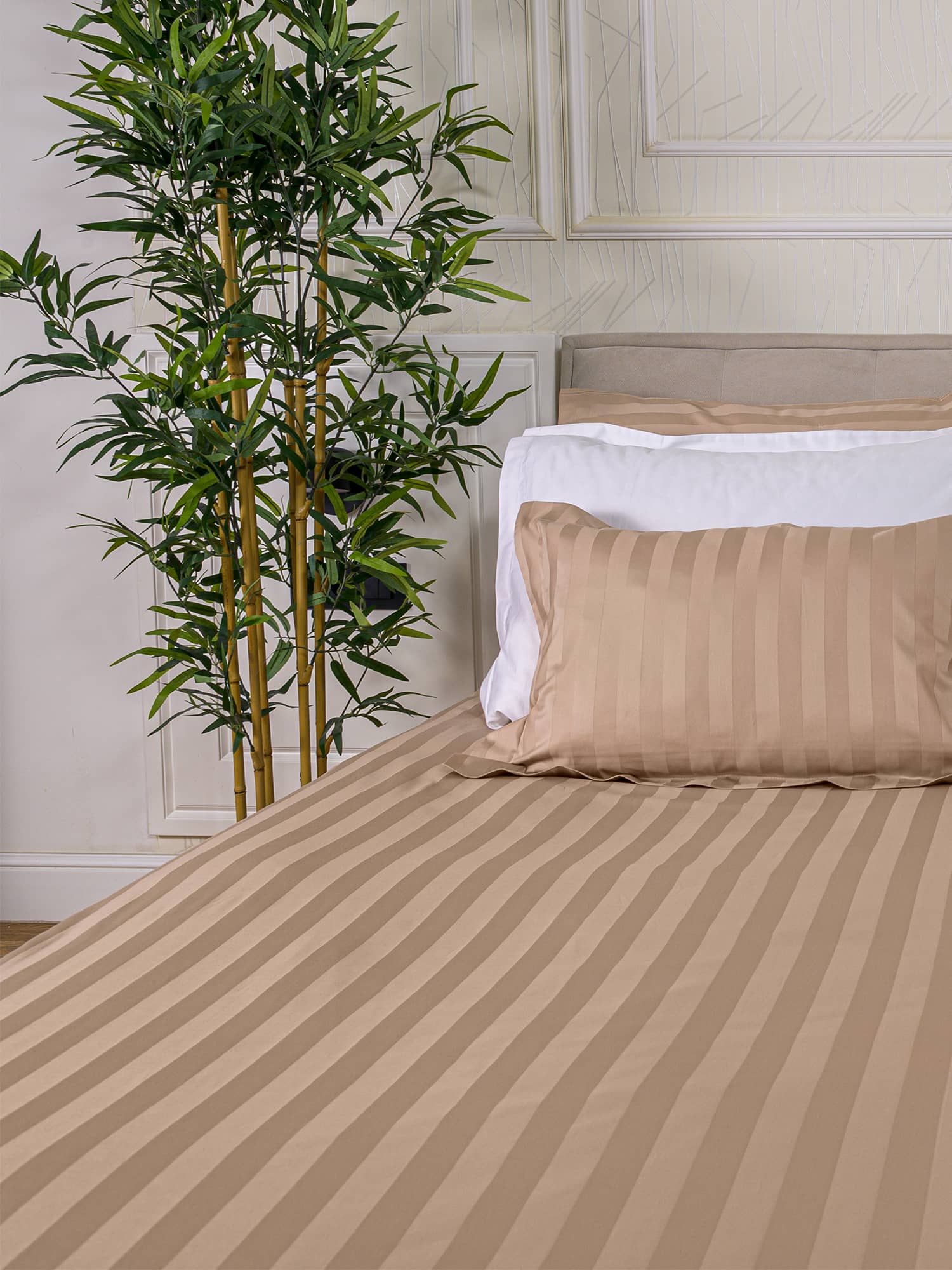 posteljina bež beige sand pijesak boja pruge damast 100 posto pamuk sjajna posteljina za apartmane